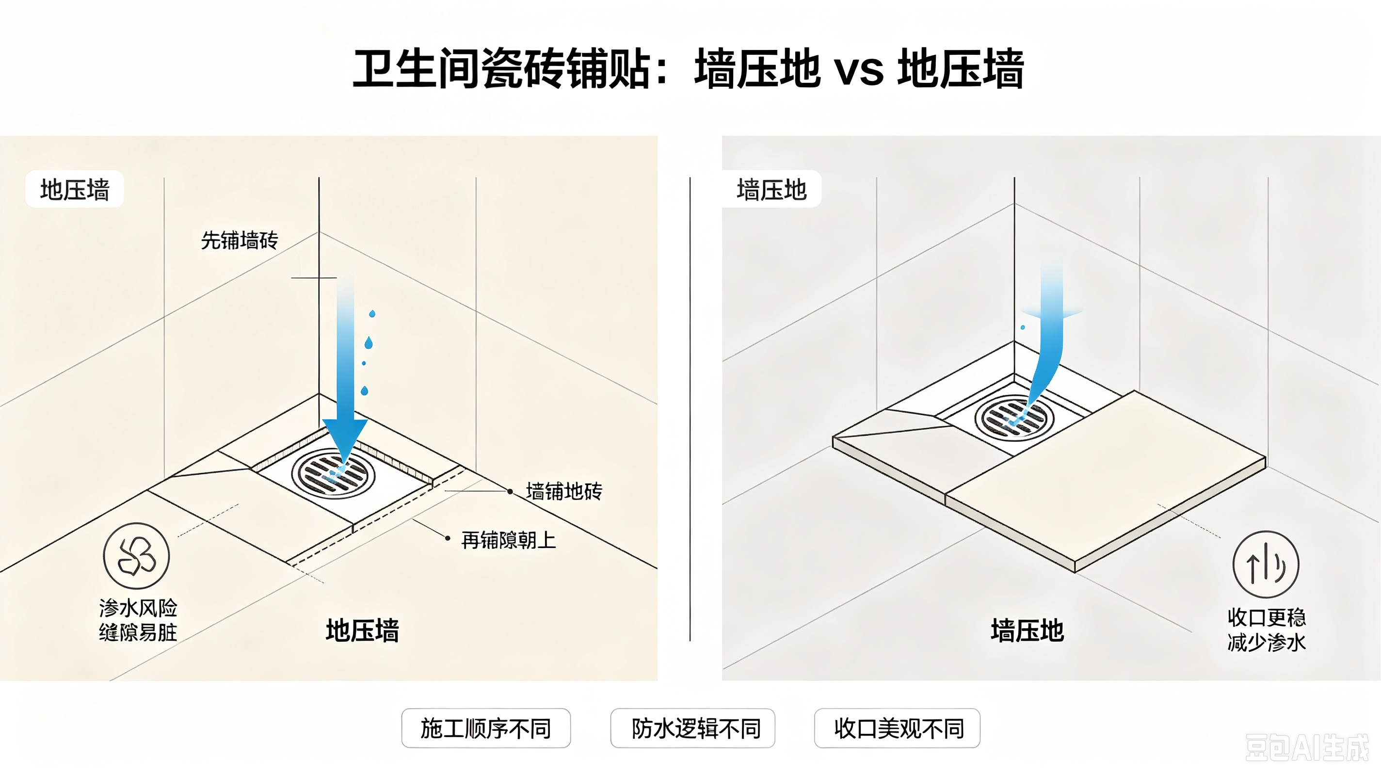 卫生间铺贴瓷砖墙压地和地压墙的区别有哪些(图1)